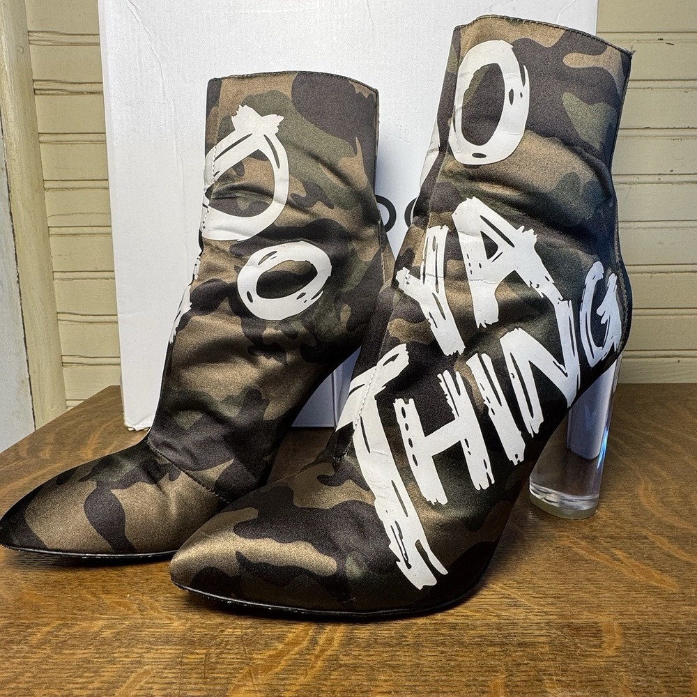 ALDO Oceani Camo Graffiti Clear Heel Ankle Boots Women's US 6 w/ Box